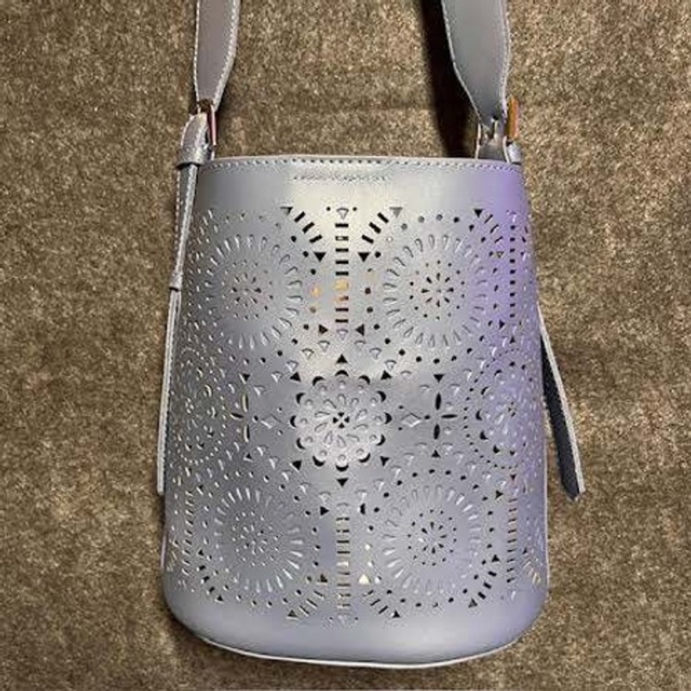Laser Cut Crossbody Bag‎ Purse Bucket Style Blue Bohemian Handbag